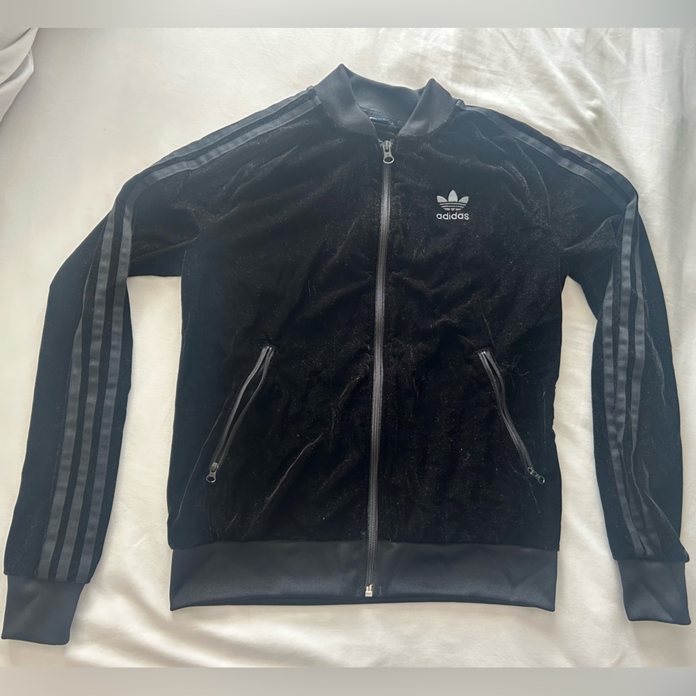 Adidas Black Velvet Zip-Up Hoodie Girls
